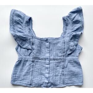 Aerie Light Blue Button Front Gauze Ruffle Sleeve Crop Top Size Medium